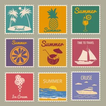 Set Postage stamp summer vacation Sunset Jar Ice Cream Yacht Sailboat Pineapple Stock Illustration