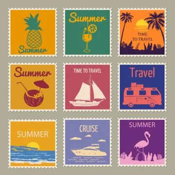 Set Postage stamp summer vacation Sunset Yacht Van Sailboat Pineapple Flamingo Stock Illustration