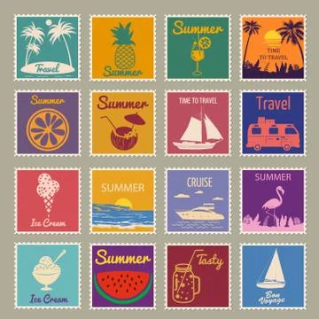 Set Postage stamp summer vacation Sunset Watermelon Jar Ice Cream Yacht Van Stock Illustration