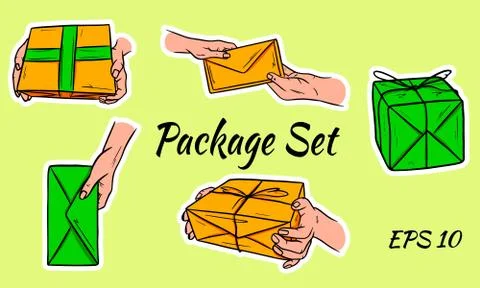 Set of postal parcels. The package is in hand. Stock Illustration