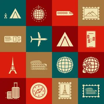 Set Postal stamp and Coliseum, Globe with flying plane, Infographic of city map Illustrazione stock