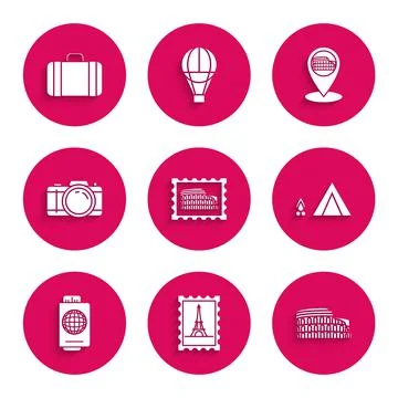 Set Postal stamp and Coliseum, Eiffel tower, in Rome, Italy, Tourist tent with Stock Illustration