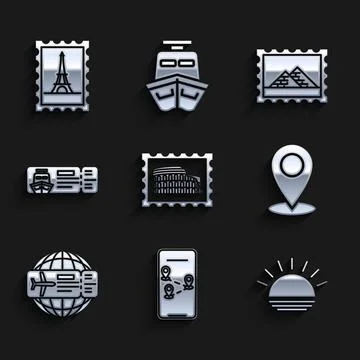 Set Postal stamp and Coliseum, Infographic of city map navigation, Sunset, Map Illustrazione stock