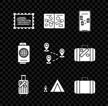 Set Postal stamp and Coliseum, Passport pages with visa stamps, Infographic.. Illustration
