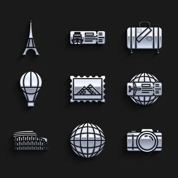 Set Postal stamp and Egypt pyramids, Earth globe, Photo camera, Airline ticket Stock Illustration