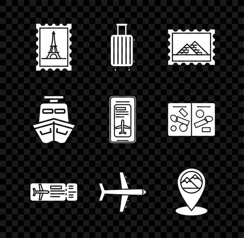 Set Postal stamp and Eiffel tower, Suitcase for travel, Egypt pyramids, Airline 스톡 일러스트