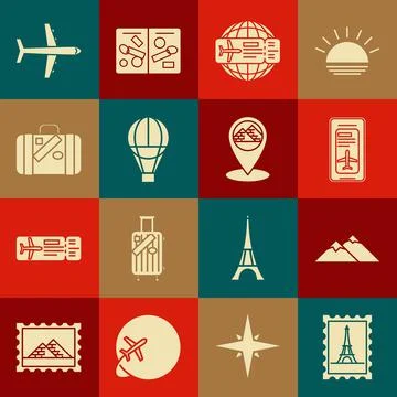 Set Postal stamp and Eiffel tower, Smartphone with electronic boarding pass Stock Illustration