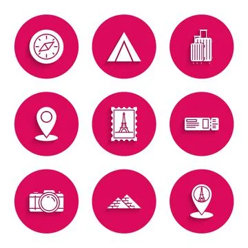 Set Postal stamp and Eiffel tower, Egypt pyramids, Map pointer with, Travel Stock Illustration