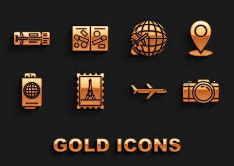 Set Postal stamp and Eiffel tower, Map pin, Photo camera, Plane, Passport with Stock Illustration