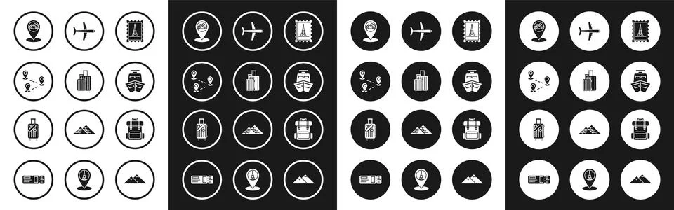 Set Postal stamp and Eiffel tower, Suitcase for travel, Route location, Map Stock Illustration