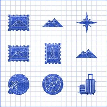Set Postal stamp and Eiffel tower Compass Suitcase for travel Mountains Globe 스톡 일러스트