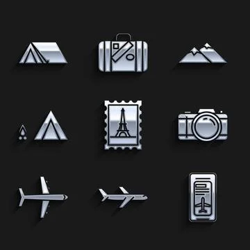 Set Postal stamp and Eiffel tower, Plane, Smartphone with electronic boardi.. Illustrazione stock