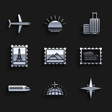 Set Postal stamp and Mountains, Globe with flying plane, Wind rose, Coliseu.. Stock Illustration