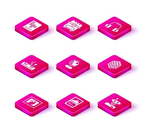 Set Postal stamp, Card game, Gamepad, Earth globe, Robot, Rubik cube, Headphones Stock Illustration