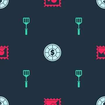 Set Postal stamp, Casino chips and Spatula on seamless pattern. Vector Stock Illustration