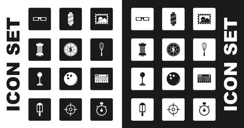 Set Postal stamp, Casino chips, Sewing thread on spool, Cinema glasses, Kitchen Stock Illustration