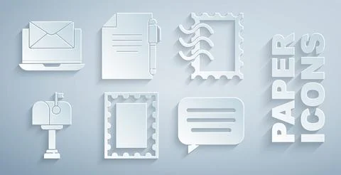 Set Postal stamp, Mail box, Speech bubble chat, Document and pen and Laptop with Illustration