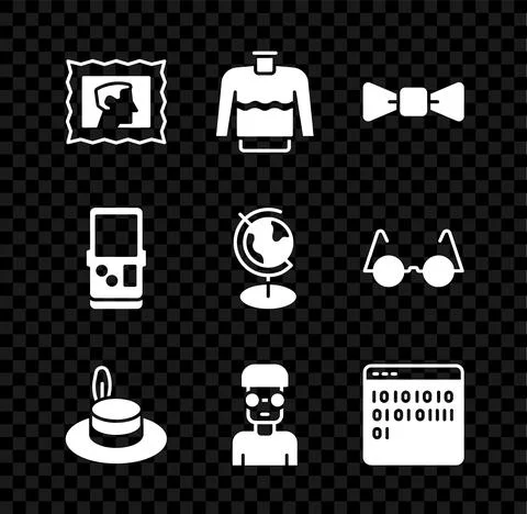 Set Postal stamp, Sweater, Bow tie, Man hat, Nerd geek, Binary code, Tetris and イラスト素材