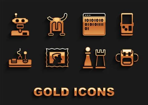 Set Postal stamp, Tetris, School backpack, Chess, Gamepad, Binary code, Robot イラスト素材