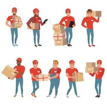 Set of postal workers in different poses. Courier or delivery service. Men Illustration