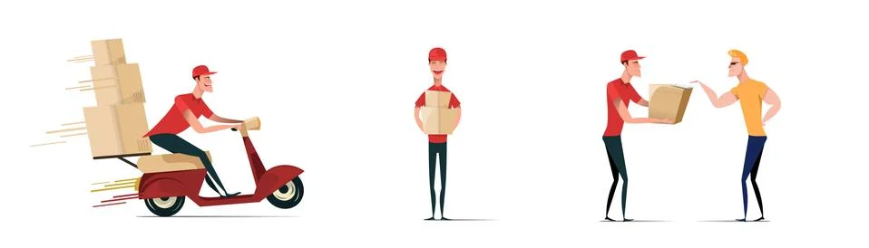 Set of postal workers in different poses. Courier or delivery service. Men Illustration