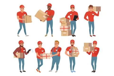 Set of postal workers in different poses. Courier or delivery service. Men Illustration