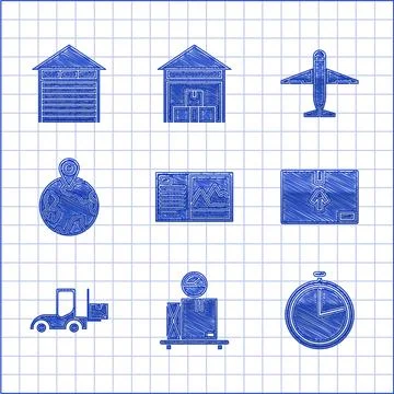 Set Postcard, Scale with cardboard box, Stopwatch, Cardboard traffic symbol 스톡 일러스트