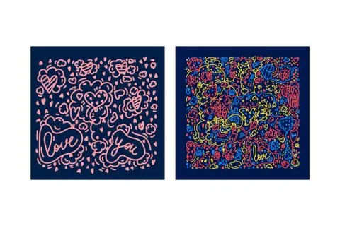 A set Of postcards with a dark background about Love. The illustration is hand Stock Illustration