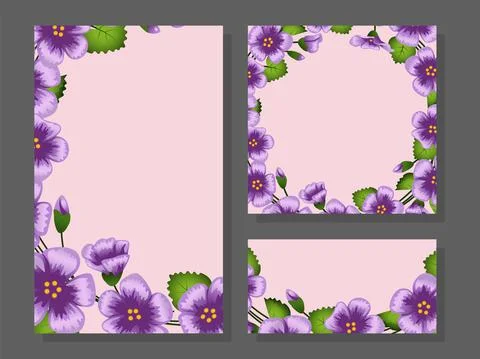 A set of postcards made of cute purple flowers Stock Illustration