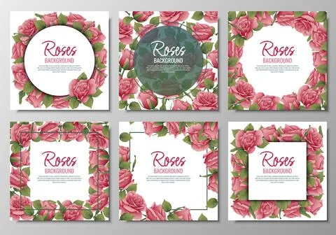 Set of postcards with roses. Border, frame with pink flowers and green leav.. Illustrazione stock