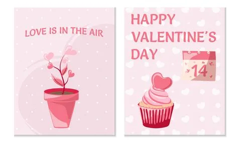 Set of postcards. Vector illustration in cartoon style in pink shades. Trendy Stock Illustration
