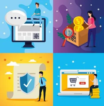 Set poster of code qr and icons Stock Illustration