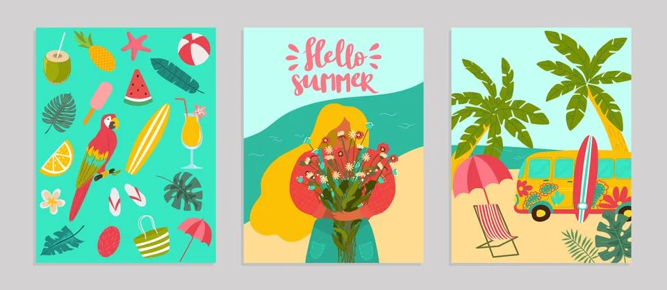 Set poster hello summer concept banner, pattern tropical hot relax flat vector 库存插图