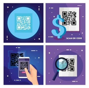 Set poster of scan code qr and icons Stock Illustration
