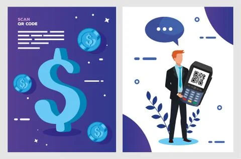 Set poster of scan code qr and icons Stock Illustration