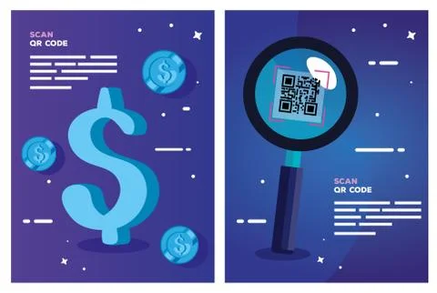 Set poster of scan code qr and icons Stock Illustration