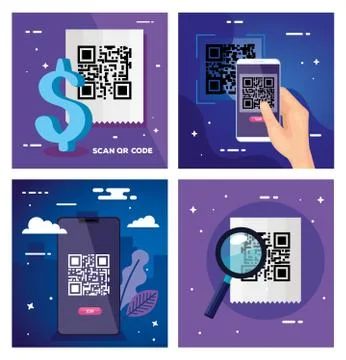 Set poster of scan code qr and icons Stock Illustration