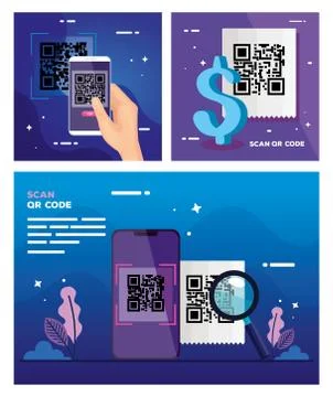 Set poster of scan code qr and icons Illustration