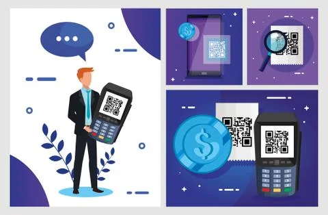 Set poster of scan code qr and icons Stock Illustration