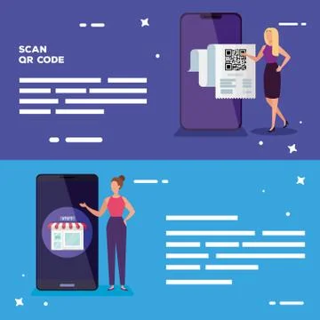 Set poster of scan code qr with icons Stock Illustration