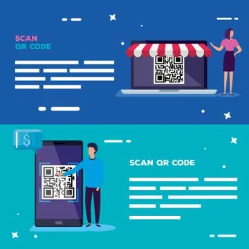Set poster of scan code qr with icons Stock Illustration