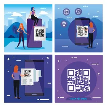 Set poster of scan code qr with icons Stock Illustration