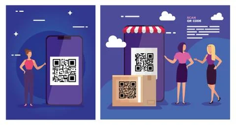 Set poster of scan code qr with icons Stock Illustration