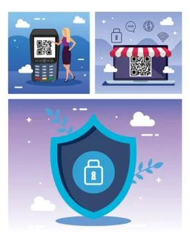 Set poster of scan code qr with icons Illustrazione stock