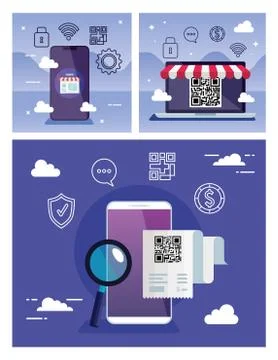 Set poster of scan code qr with icons Stock Illustration