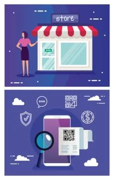 Set poster of scan code qr with icons Stock Illustration