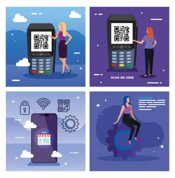 Set poster of scan code qr with icons Stock Illustration