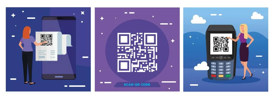 Set poster of scan code qr with icons Stock Illustration