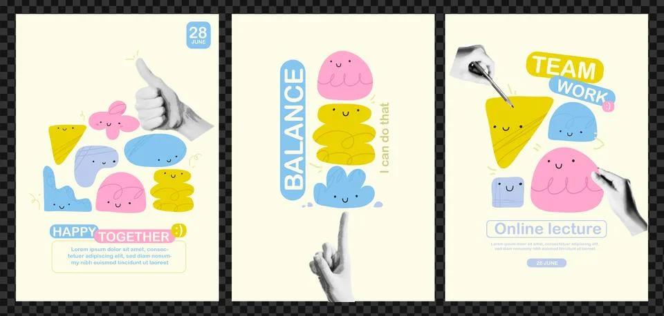 Set of posters with abstract faces with shapes and collage hands with halftone Stock Illustration
