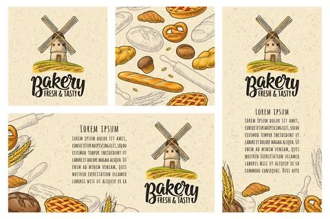 Set posters and seamless pattern with bakery products and windmill. Vector en Stock Illustration